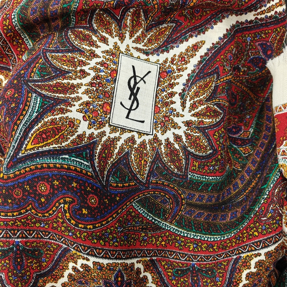 Authentic YSL Multicolor Paisley Wool Blend Shawl Large Scarf